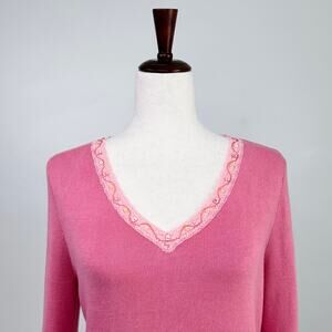 Sigrid Olsen Pink Beaded V-Neck Silk Blend Sweater NWT